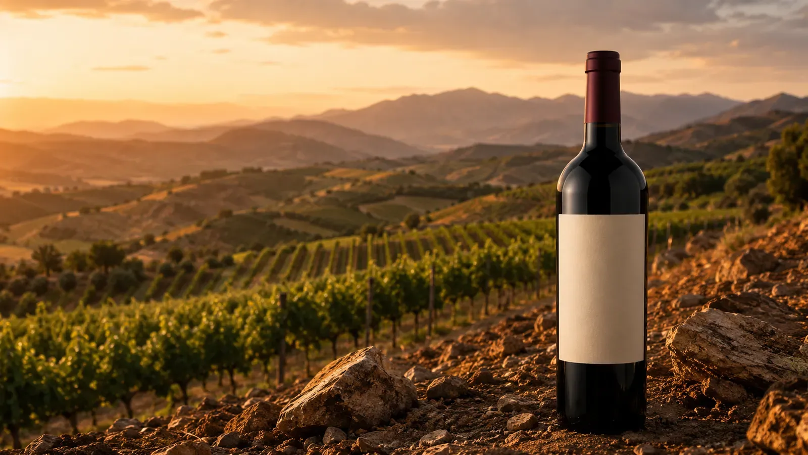 Sourcing collector-grade Spanish wine | a wine bottle over terraced vineyards at dusk · Spanish Terroir