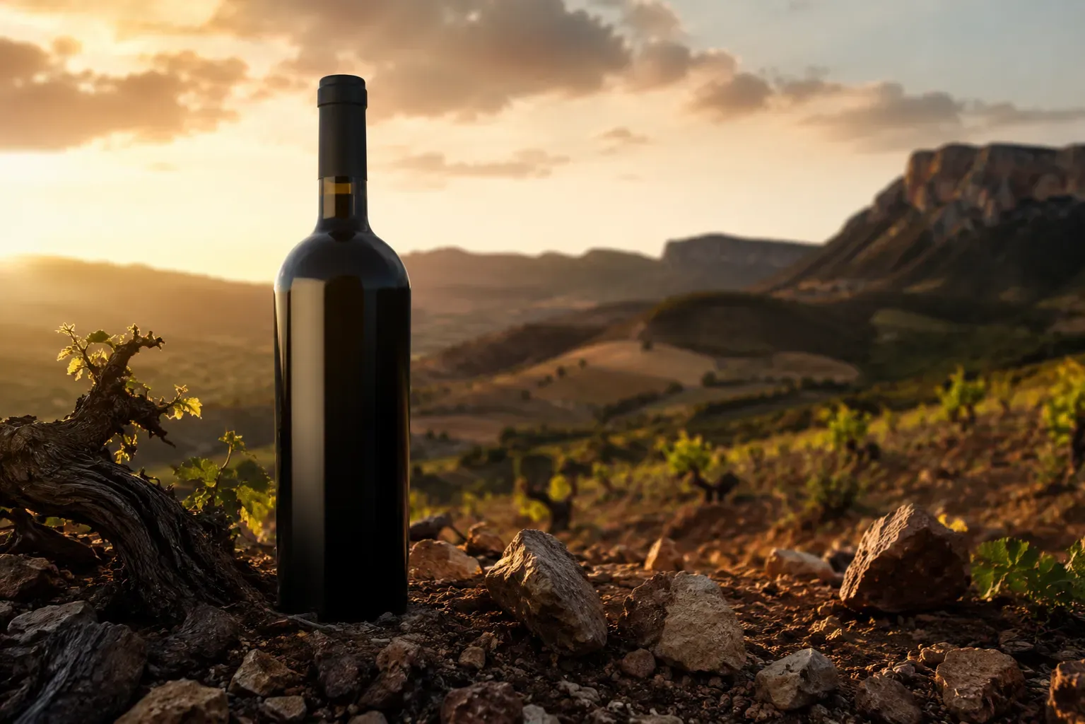 Spanish wine for a vegetarian dinner | an old vine beside a dark bottle at dusk · Spanish Terroir