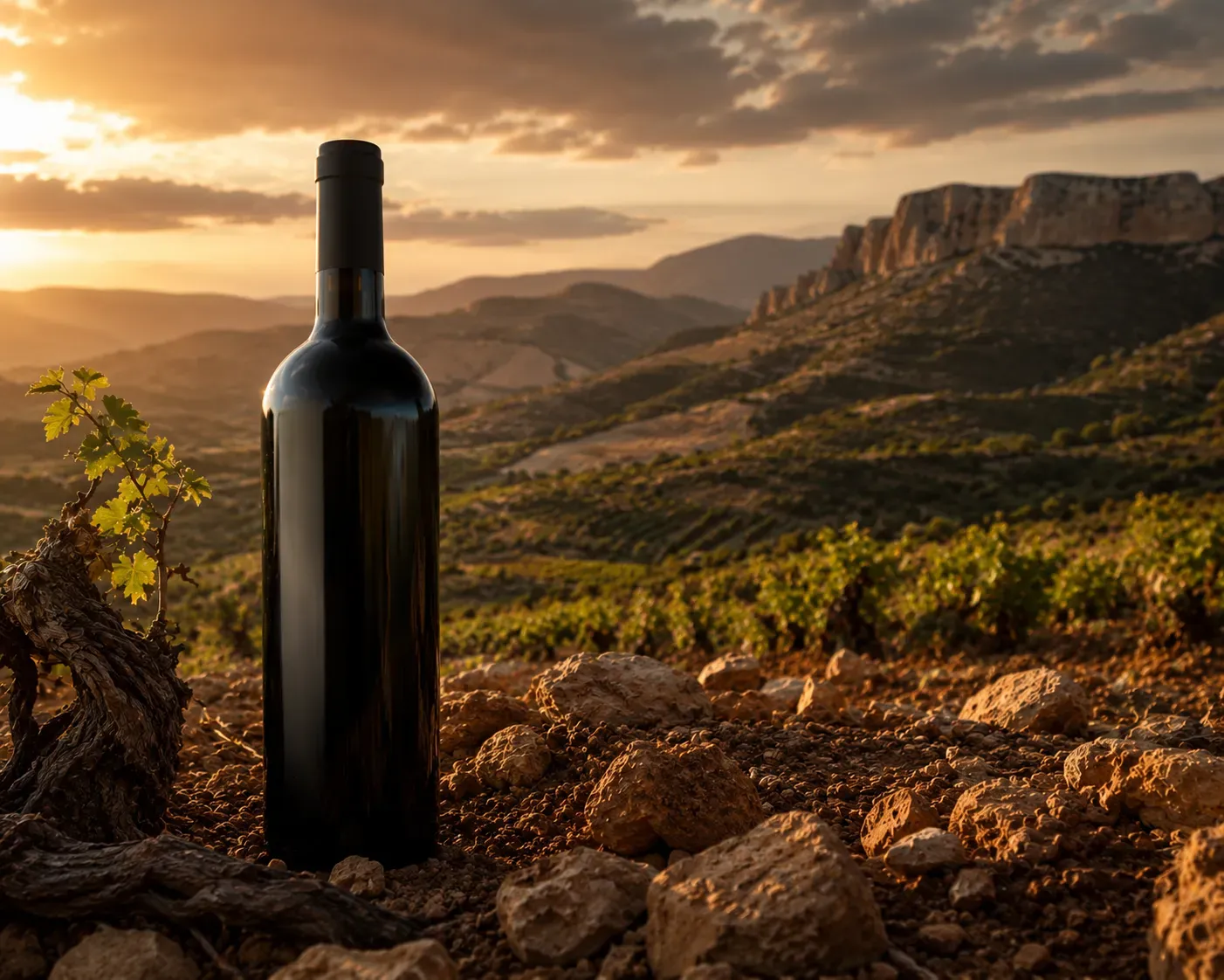 Low-histamine Spanish wine, explained | a bottle among old vines under an evening sky · Spanish Terroir