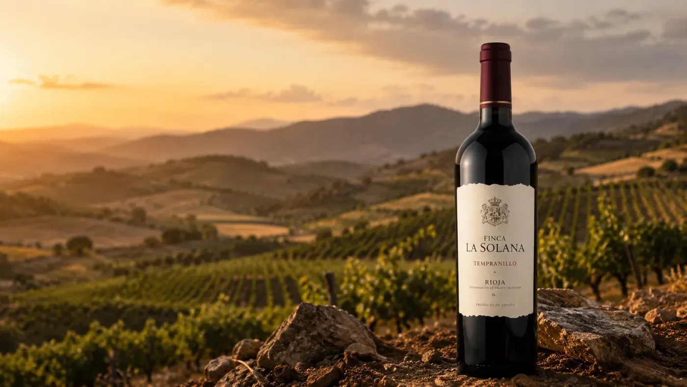 A bottle of Rioja Tempranillo on a rock above rolling Rioja vineyards at sunset